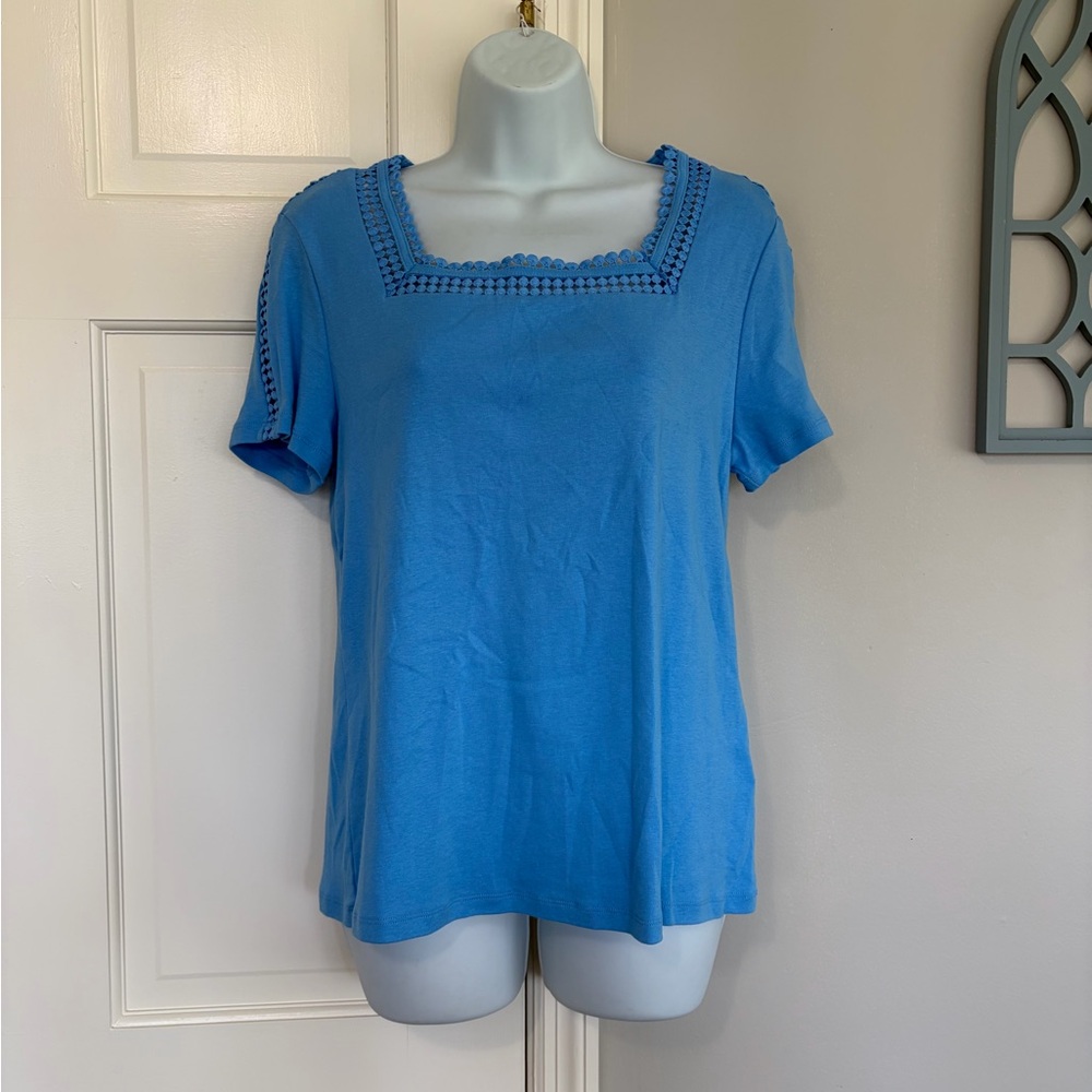 Rafaella Sky Blue Square Neck Short Sleeve Top
